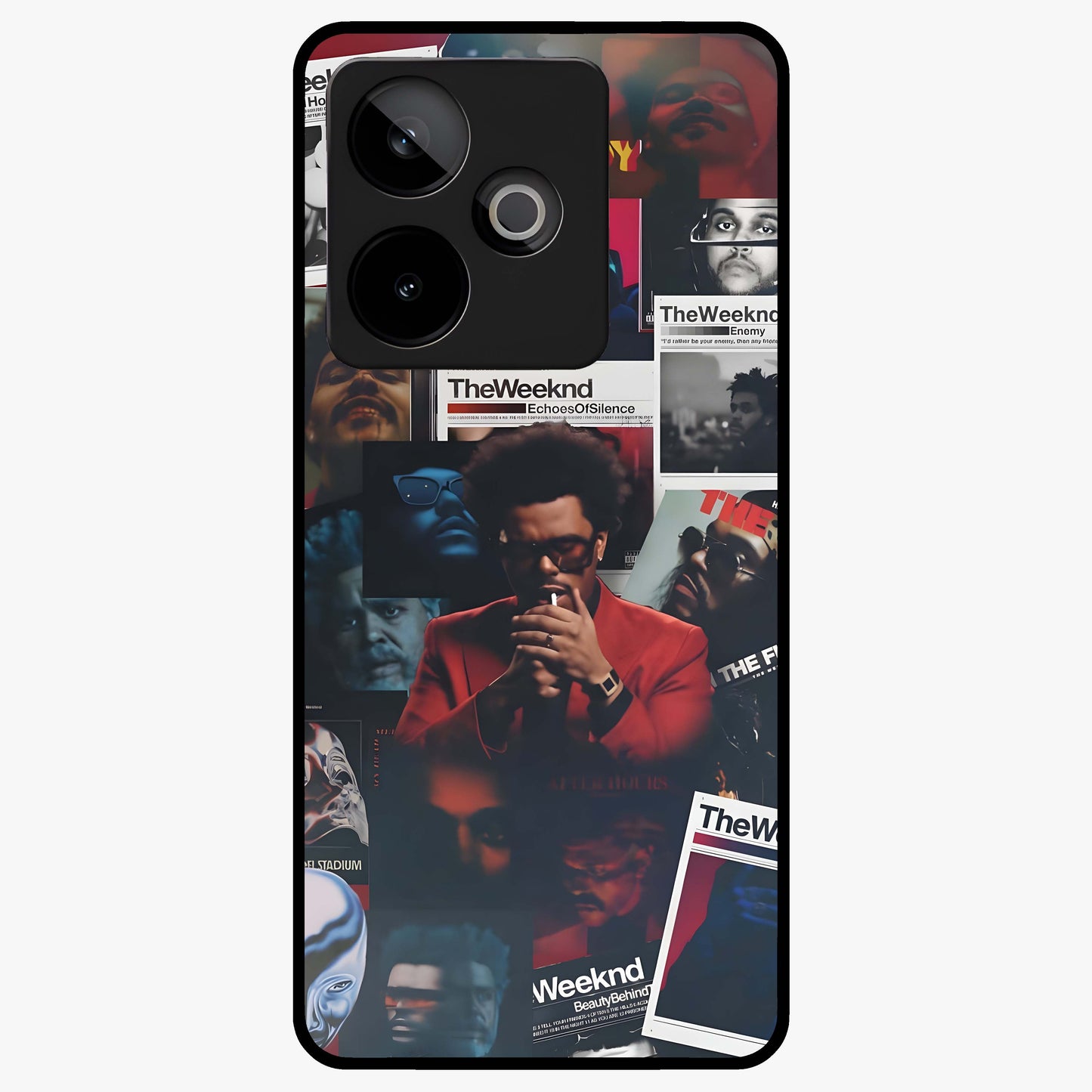 The Weeknd Glass Case showing flat back view with music inspired artistic portrait artwork and glossy glass finish.