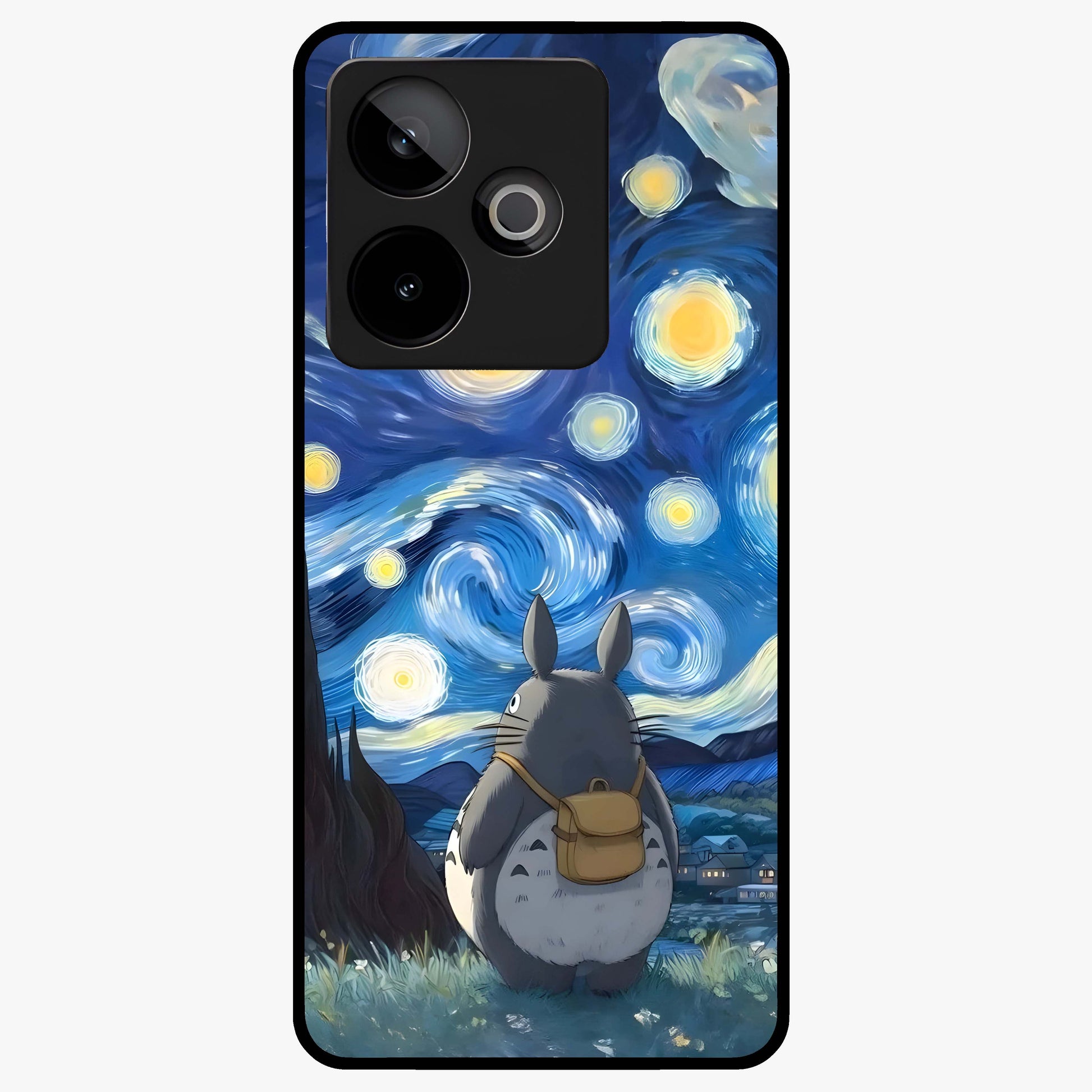 Totoro In Van Gogh Art Glass Case showing flat back view with whimsical character artwork inspired by Van Gogh style and glossy glass finish.