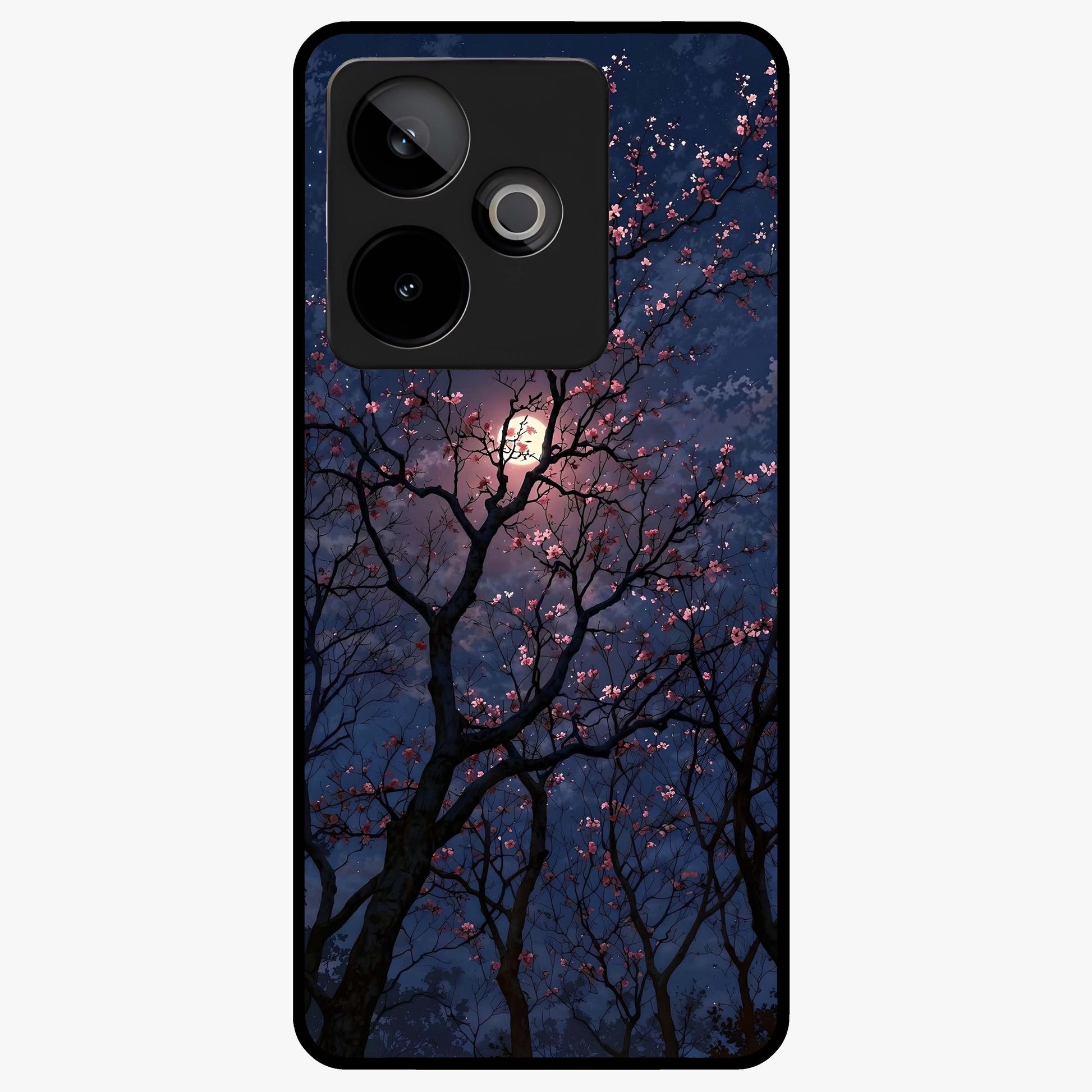 Twilight Sakura Serenade Glass Case showing flat back view with cherry blossom artwork at twilight and glossy glass finish.