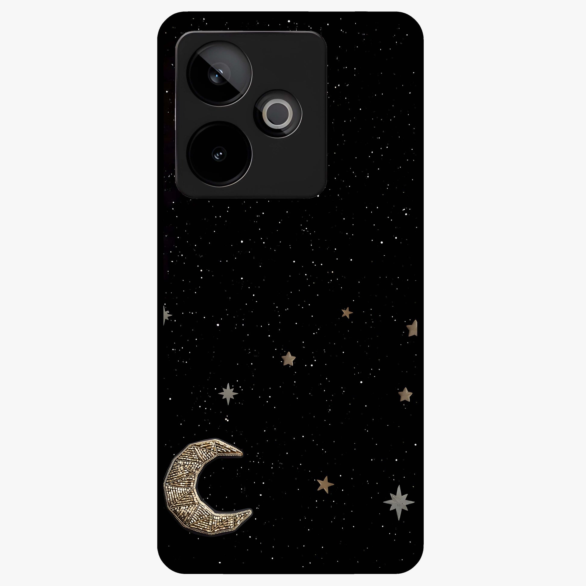 Twinkle Star With Half Moon Glass Case showing flat back view with star and half moon artwork and glossy glass finish.
