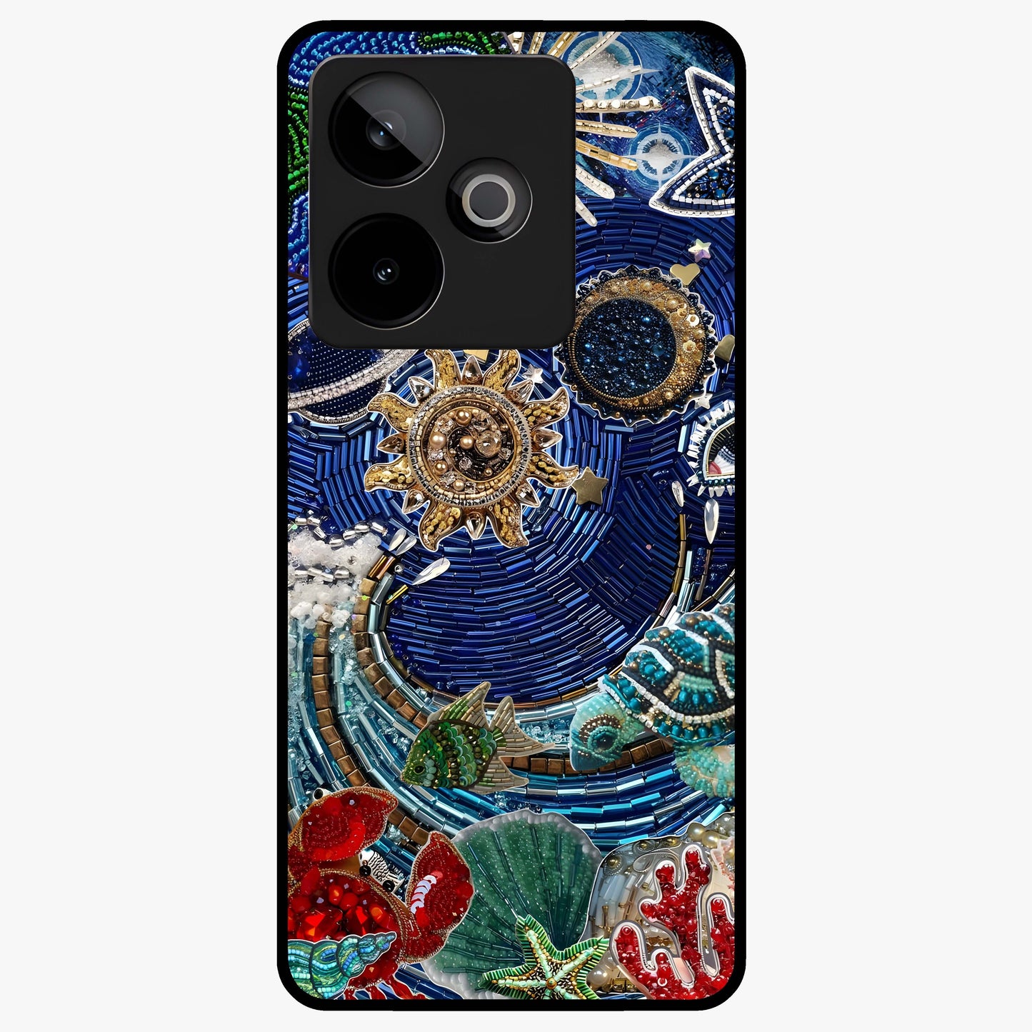 Universe Underwater Spark Glass Case showing flat back view with cosmic underwater themed artwork and glossy glass finish.