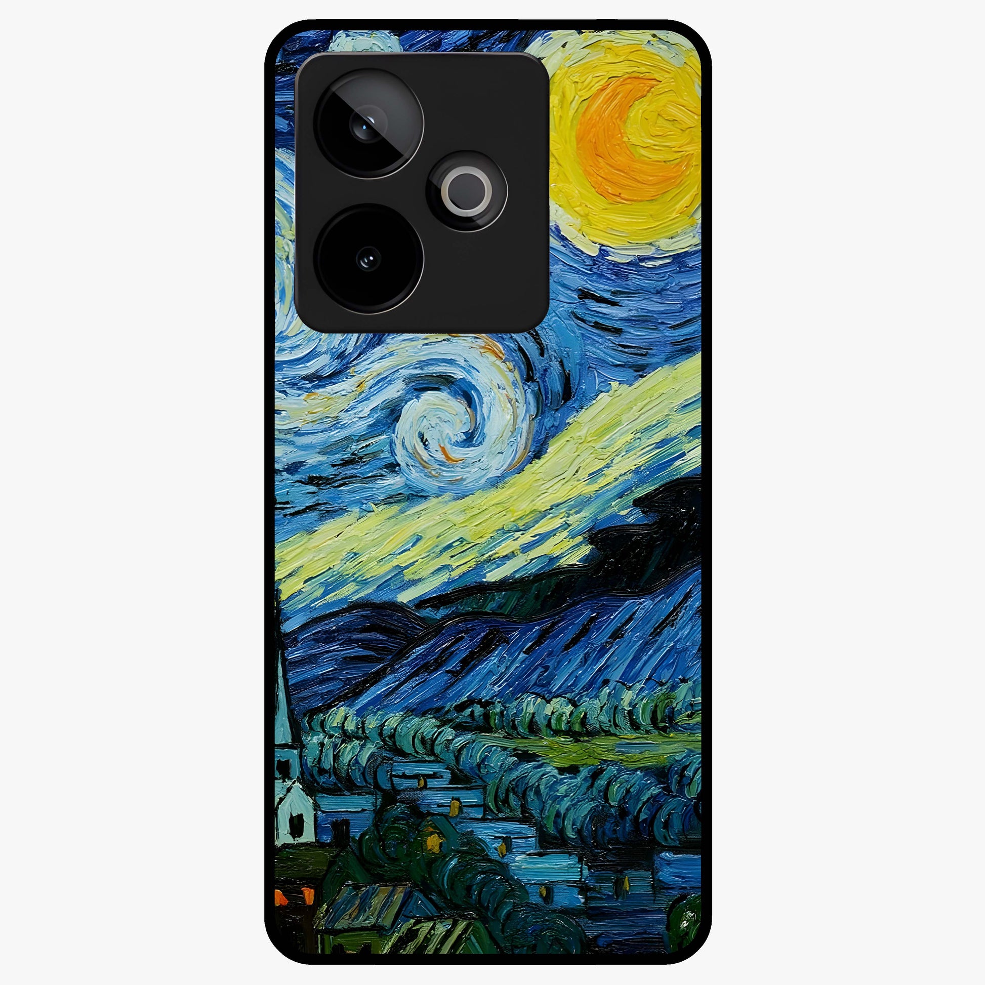 Van Gogh Art Glass Case showing flat back view with classic painterly artwork inspired by Van Gogh style and glossy glass finish.
