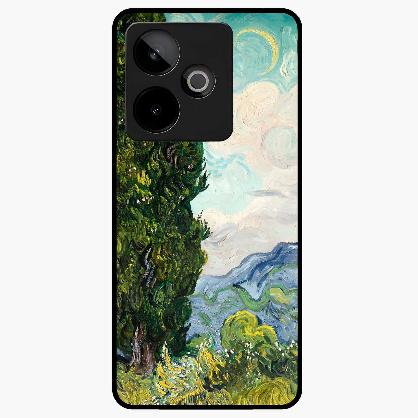 Van Gogh Vintage Art Glass Case showing flat back view with vintage painterly artwork inspired by Van Gogh style and glossy glass finish.