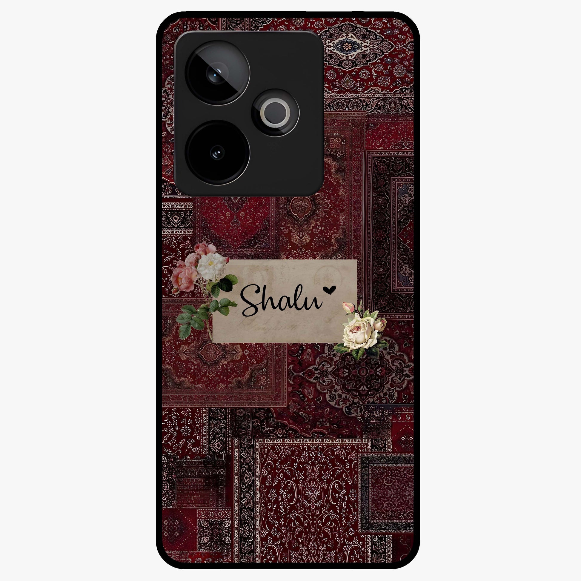Velvet Wine Pattern Custom Name Glass Case showing flat back view with elegant wine colored pattern artwork and personalized name design.