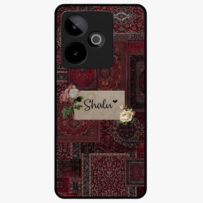 Velvet Wine Pattern Custom Name Glass Case showing flat back view with elegant wine colored pattern artwork and personalized name design.