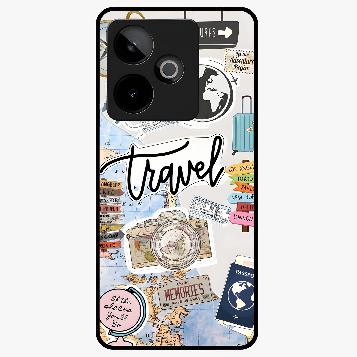 Wanderlust Journal Glass Case showing flat back view with travel inspired artwork and glossy glass finish.