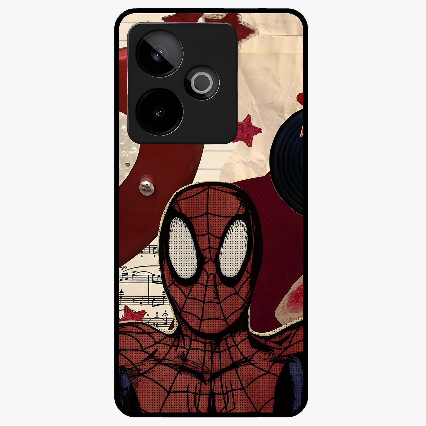 Web Warrior Vibes Glass Case showing flat back view with superhero inspired web themed artwork and glossy glass finish.