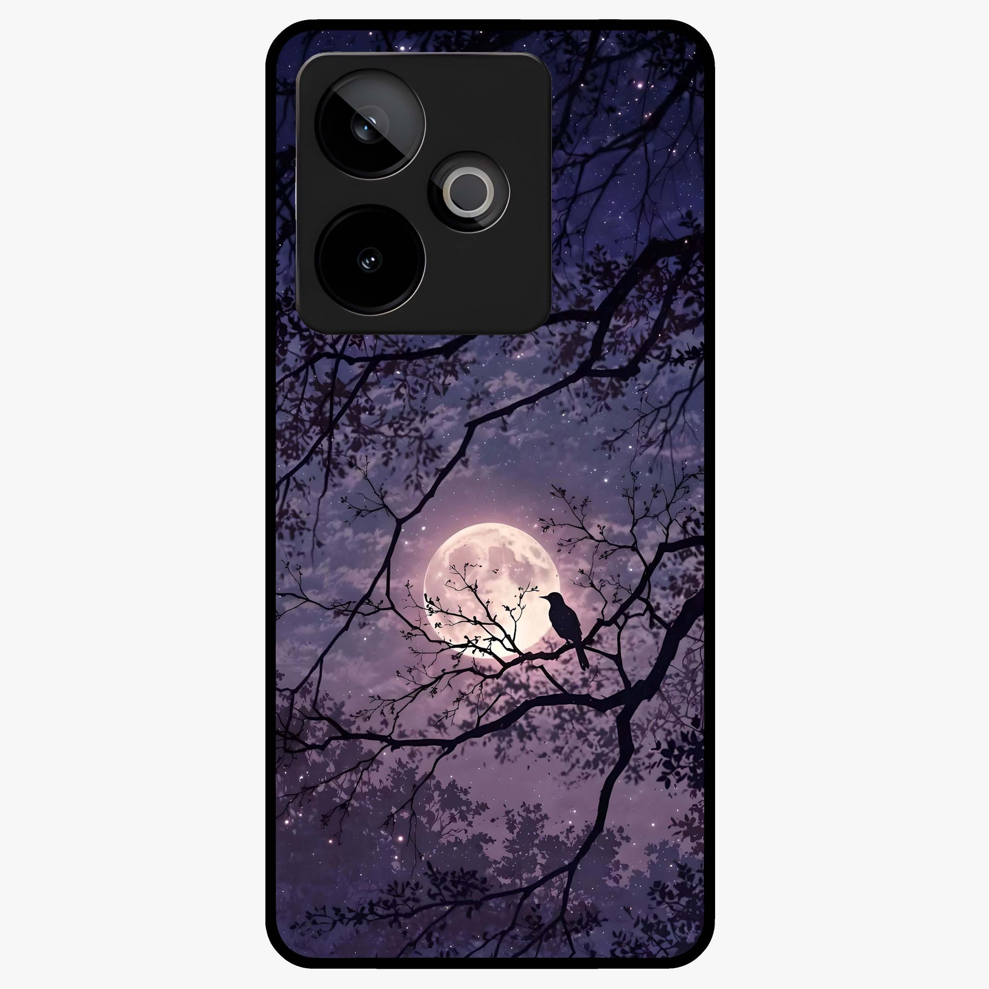 Whispering Moon Silence Glass Case showing flat back view with serene moon themed artwork and glossy glass finish.