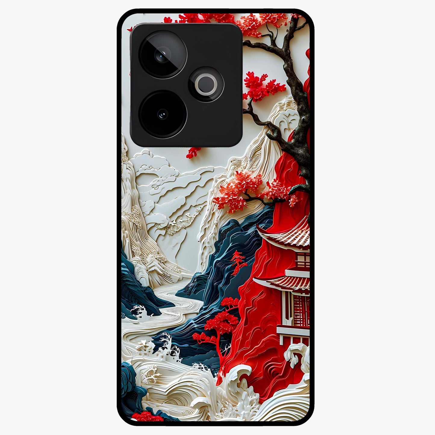 Whispers Of Sakura Waves Glass Case showing flat back view with cherry blossom wave artwork and glossy glass finish.