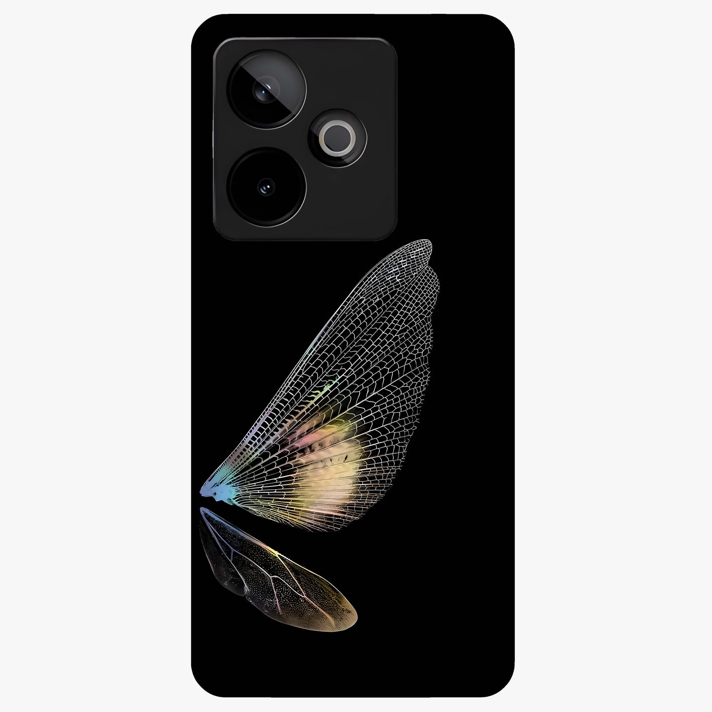 Whispers Of Wings Glass Case showing flat back view with graceful wing inspired artwork and glossy glass finish.