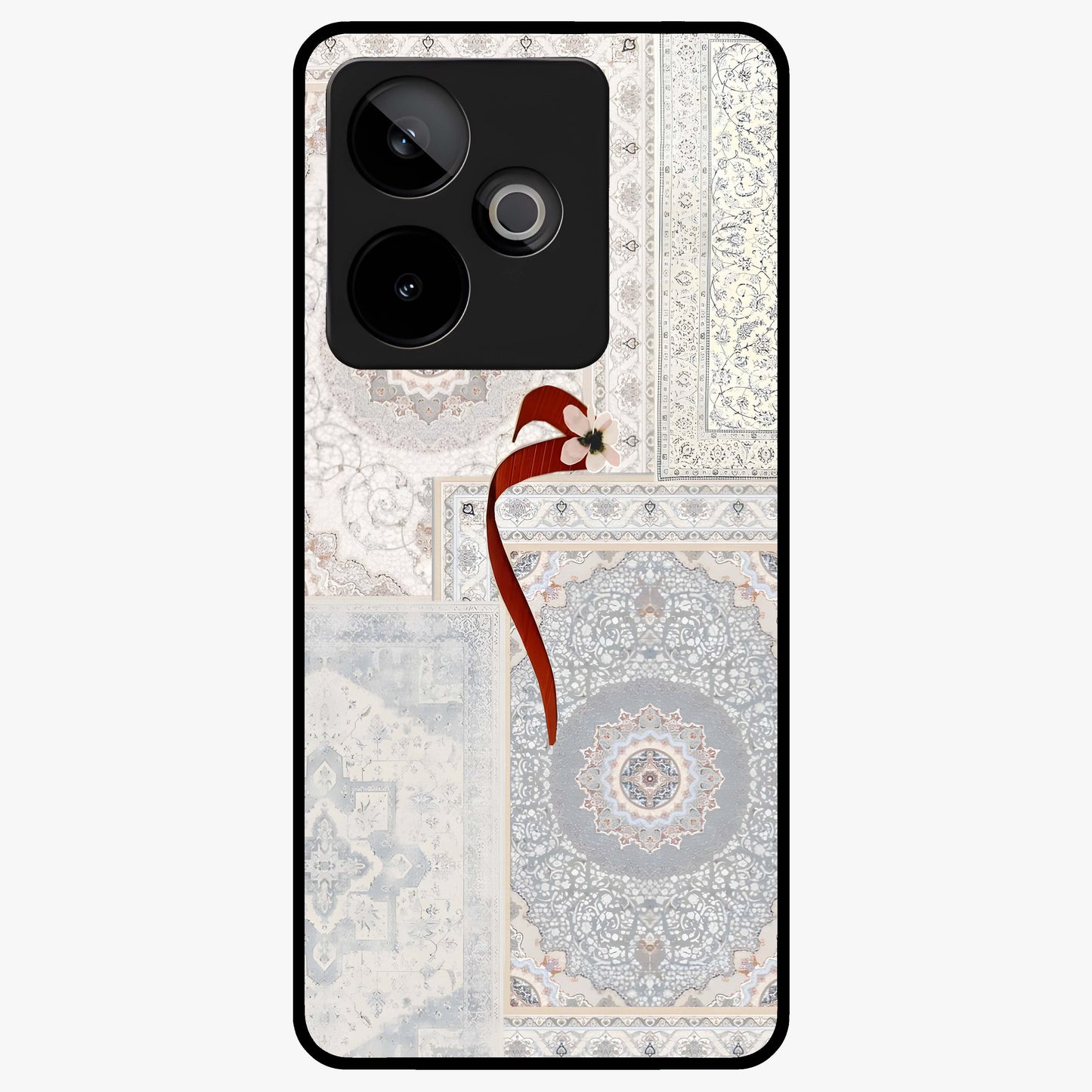 White Aesthetic Bow Glass Case showing flat back view with minimal bow artwork and glossy glass finish.