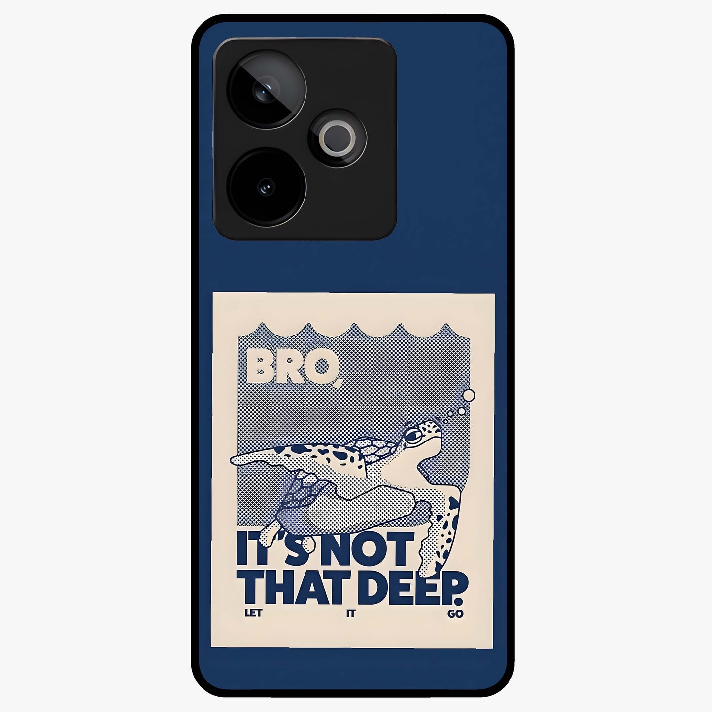 Worry Less Swim Glass Case showing flat back view with playful motivational artwork and glossy glass finish.
