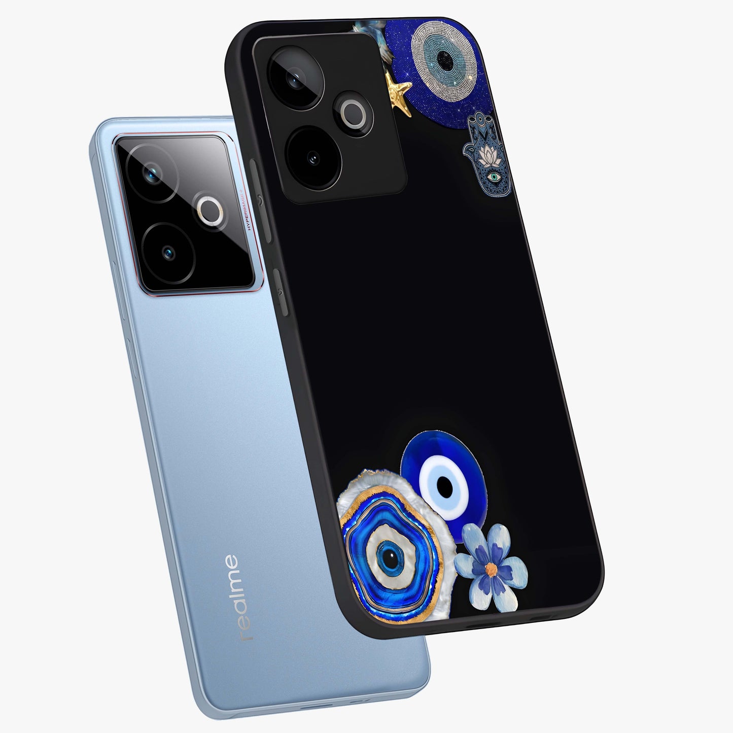 Aesthetic Blue Evil Eye Glass Case displayed in angled mockup highlighting blue evil eye symbol and spiritual aesthetic design.