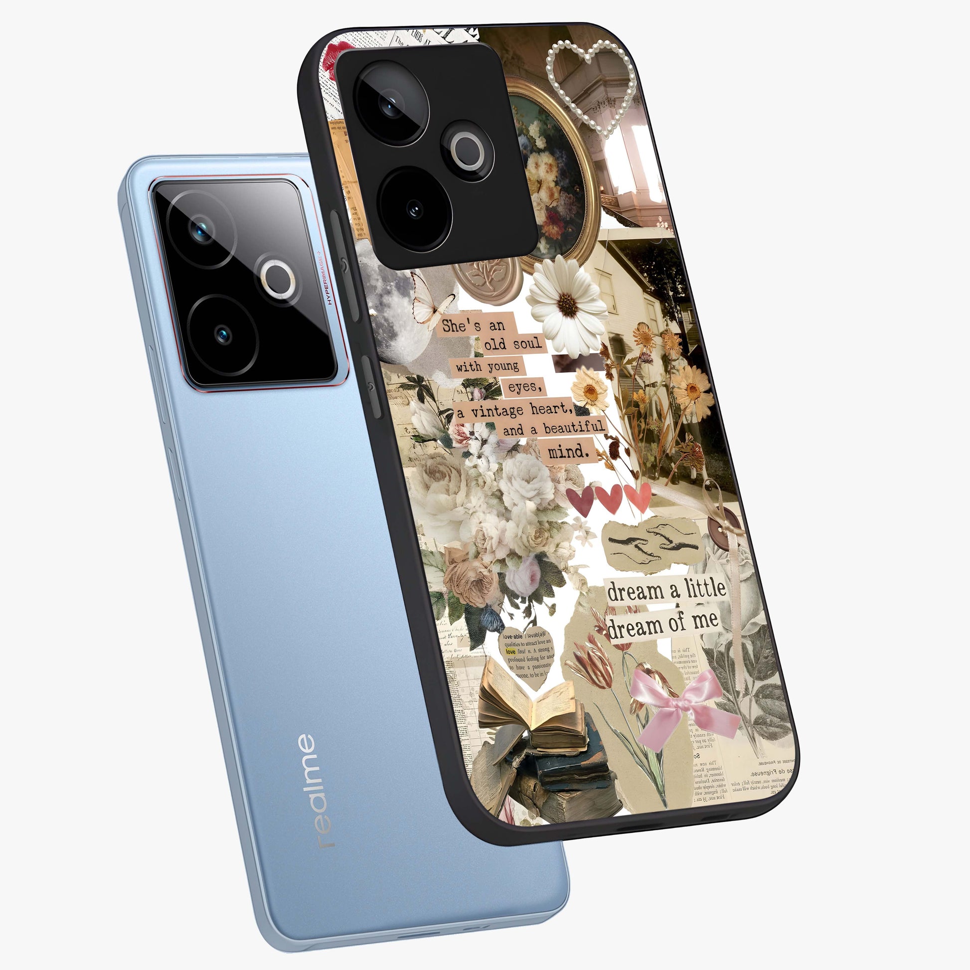 Aesthetic Brown Vintage Collage Glass Case displayed in angled mockup highlighting vintage aesthetic collage design.