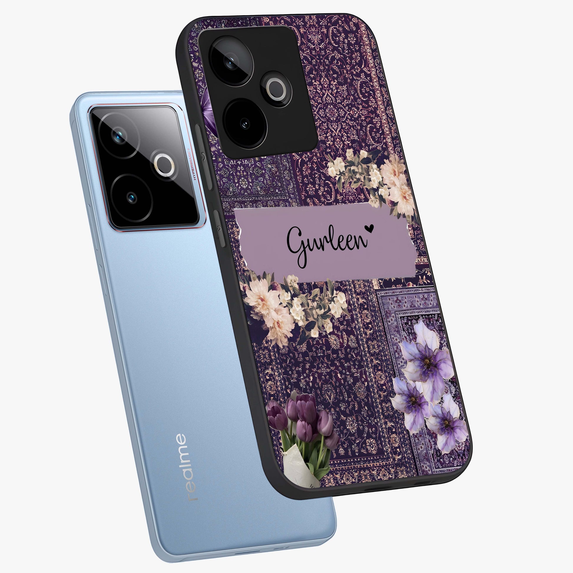 Antique Floral Whisper Custom Name Glass Case displayed in angled mockup highlighting elegant antique floral aesthetic.
