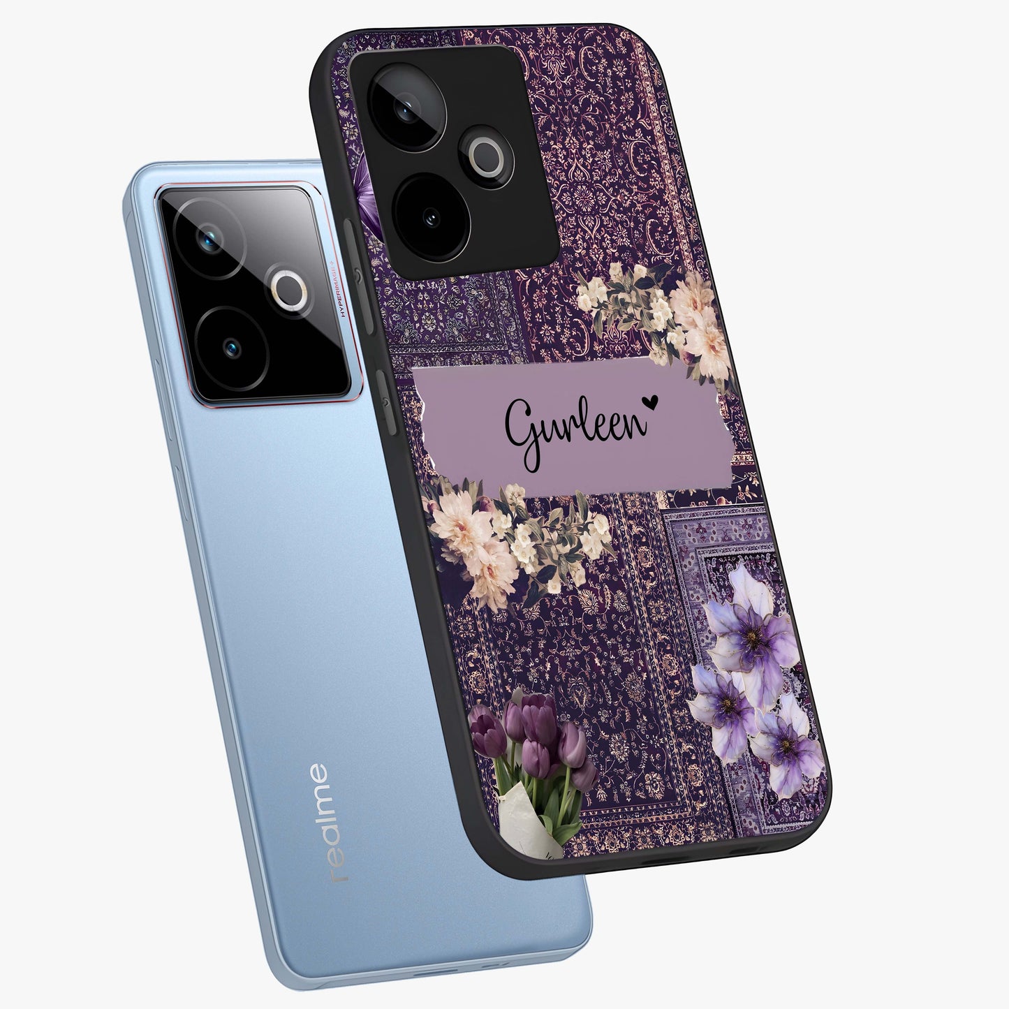 Antique Floral Whisper Custom Name Glass Case displayed in angled mockup highlighting elegant antique floral aesthetic.