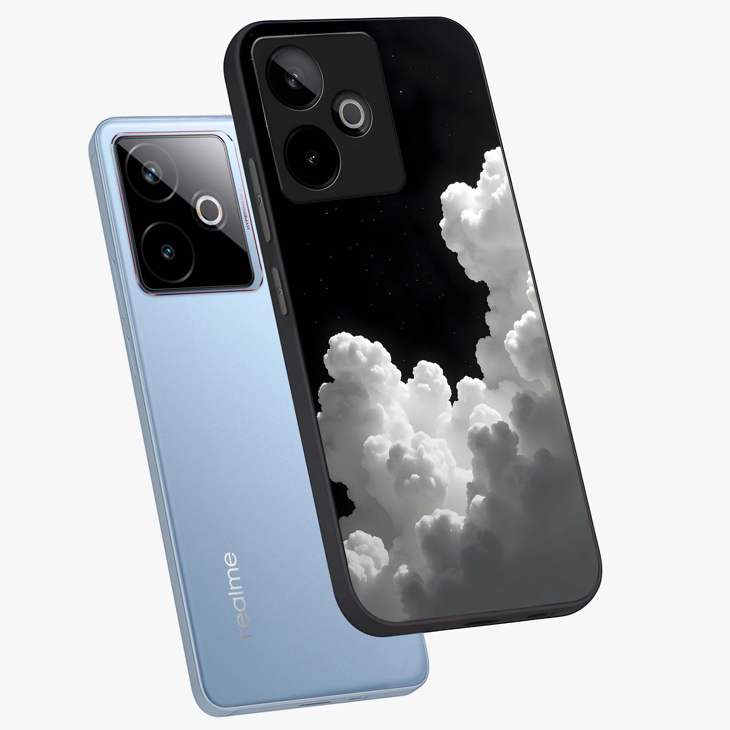 Black Background With White Cloud Glass Case displayed in angled mockup highlighting soft white cloud illustration and minimal design.