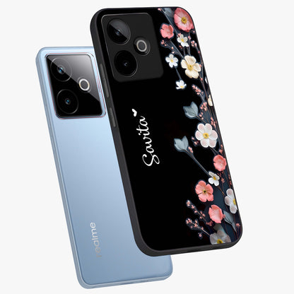 Black Elegance Floral Custom Name Glass Case displayed in angled mockup highlighting dark floral aesthetic and custom name feature.