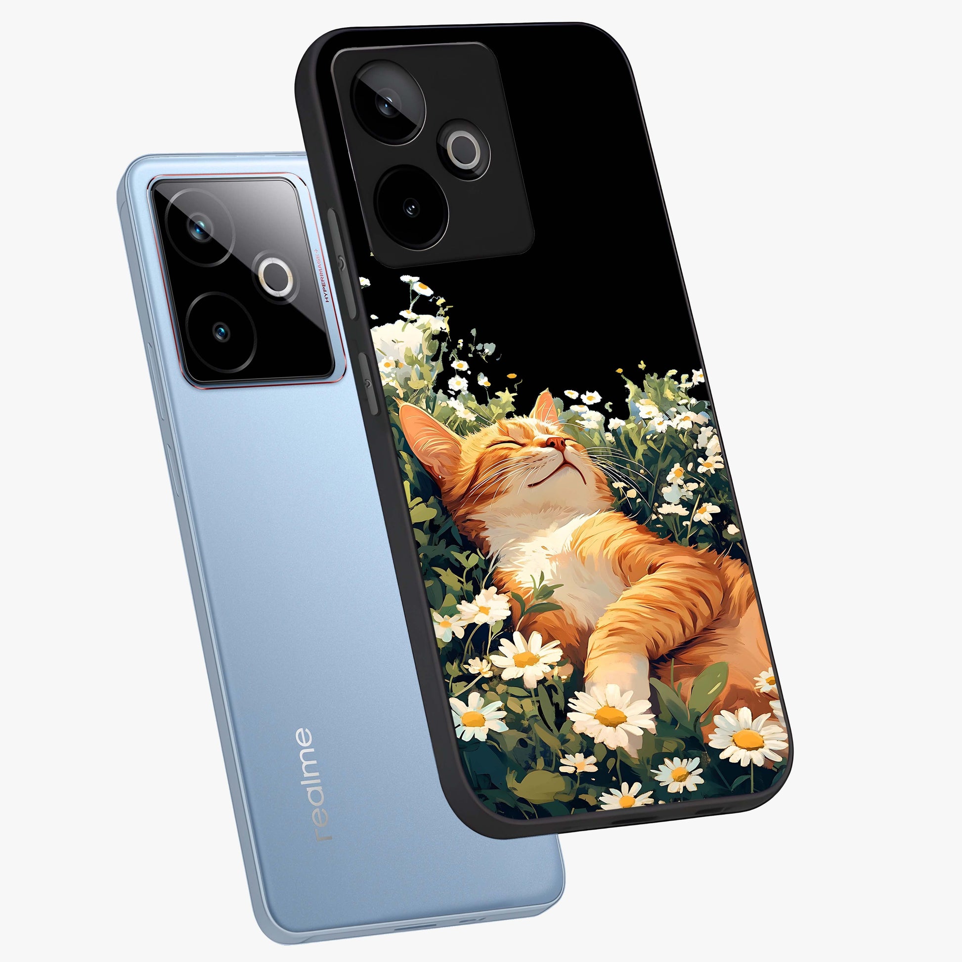 Blissful Bloom Cat Glass Case displayed in angled mockup highlighting playful feline illustration with soft floral aesthetic.