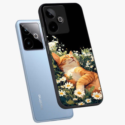Blissful Bloom Cat Glass Case displayed in angled mockup highlighting playful feline illustration with soft floral aesthetic.