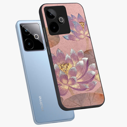 Blossom Mist Lotus Glass Case displayed in angled mockup highlighting delicate lotus illustration with calm aesthetic theme.