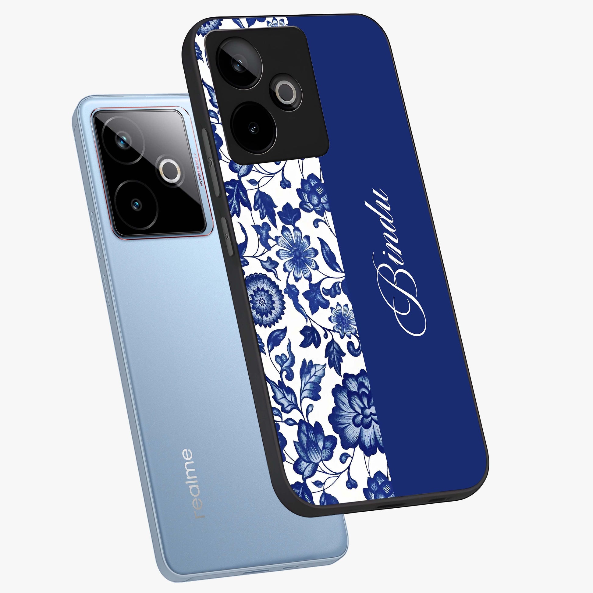 Blue Vintage Floral Pattern Glass Case displayed in angled mockup highlighting subtle bloom pattern with aesthetic pastel design.