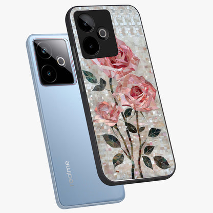 Blush Mosaic Bloom Glass Case displayed in angled mockup highlighting artistic mosaic flower pattern with aesthetic design.