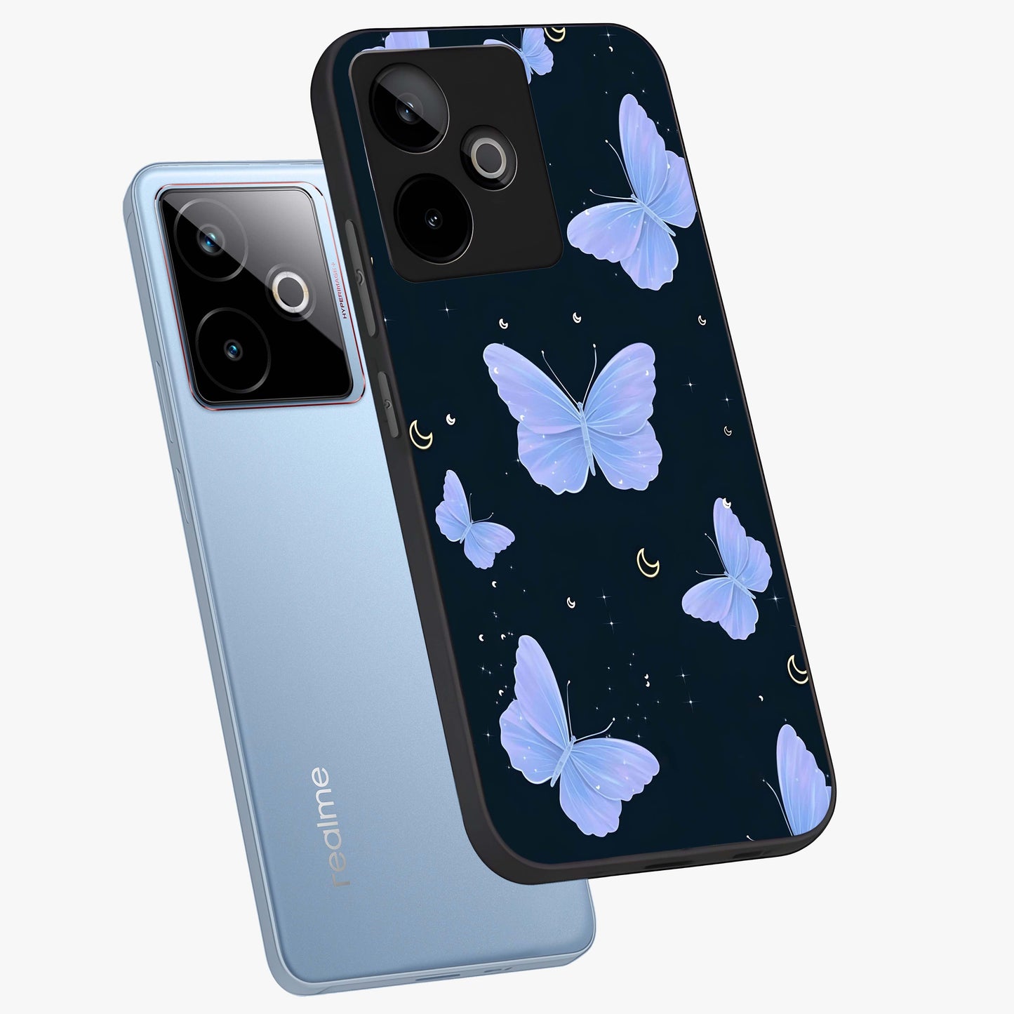 Butterfly With Stars Pattern Glass Case displayed in angled mockup highlighting dreamy butterfly and star design with aesthetic theme.