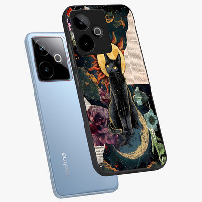 Celestial Black Cat Glass Case displayed in angled mockup highlighting cosmic black cat design with celestial aesthetic.