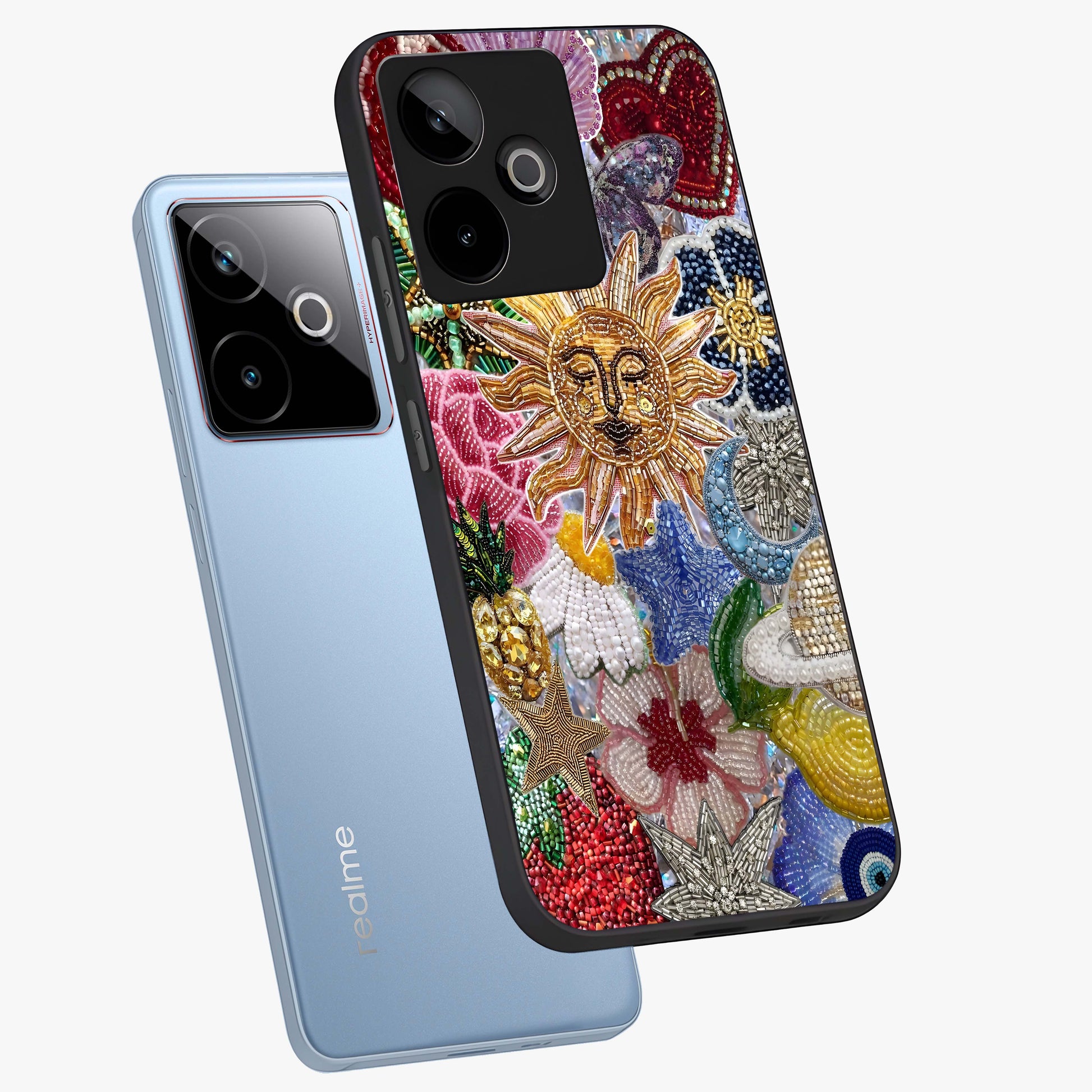 Celestial Floral and Playful Glass Case displayed in angled mockup highlighting playful floral design with dreamy celestial elements.