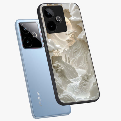 Celestial Origami Glass Case displayed in angled mockup highlighting geometric origami design with cosmic aesthetic theme.