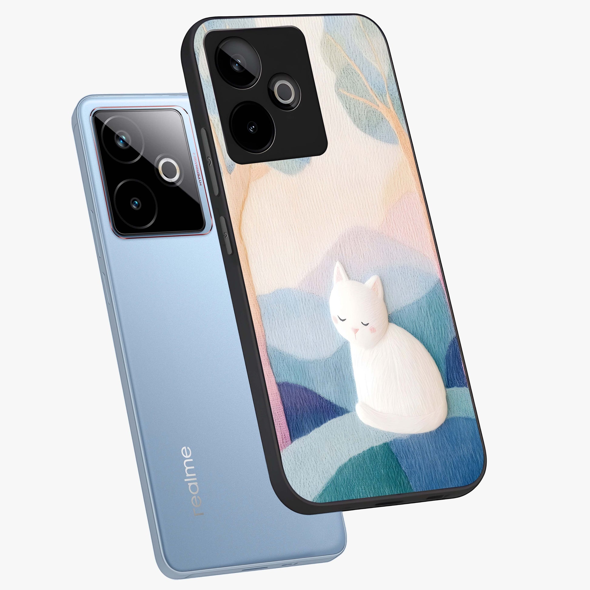 Cotton Dream Cat Glass Case displayed in angled mockup highlighting cute feline illustration with pastel aesthetic style.
