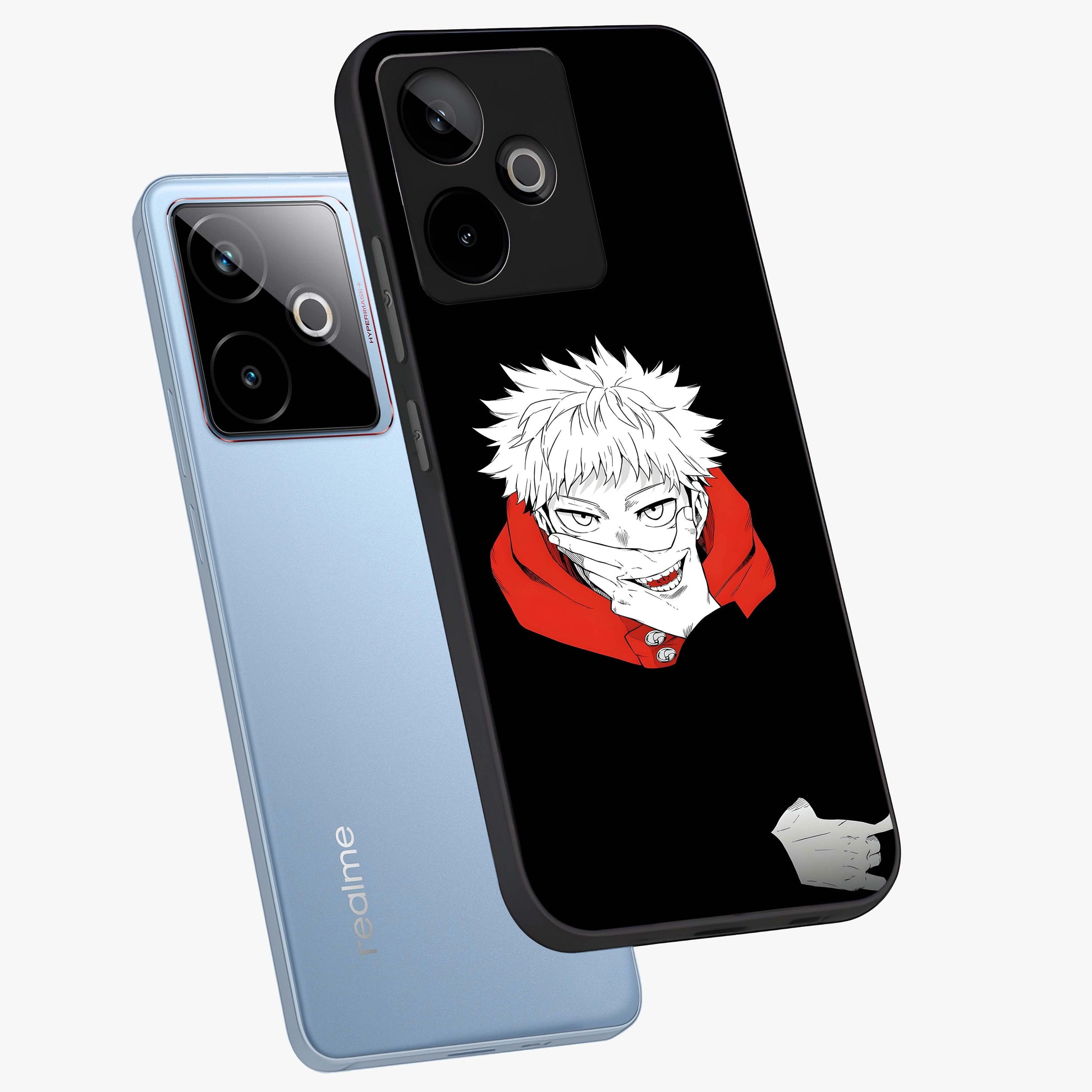Crimson Chaos Smile Glass Case displayed in angled mockup highlighting edgy crimson smile design with graphic aesthetic.