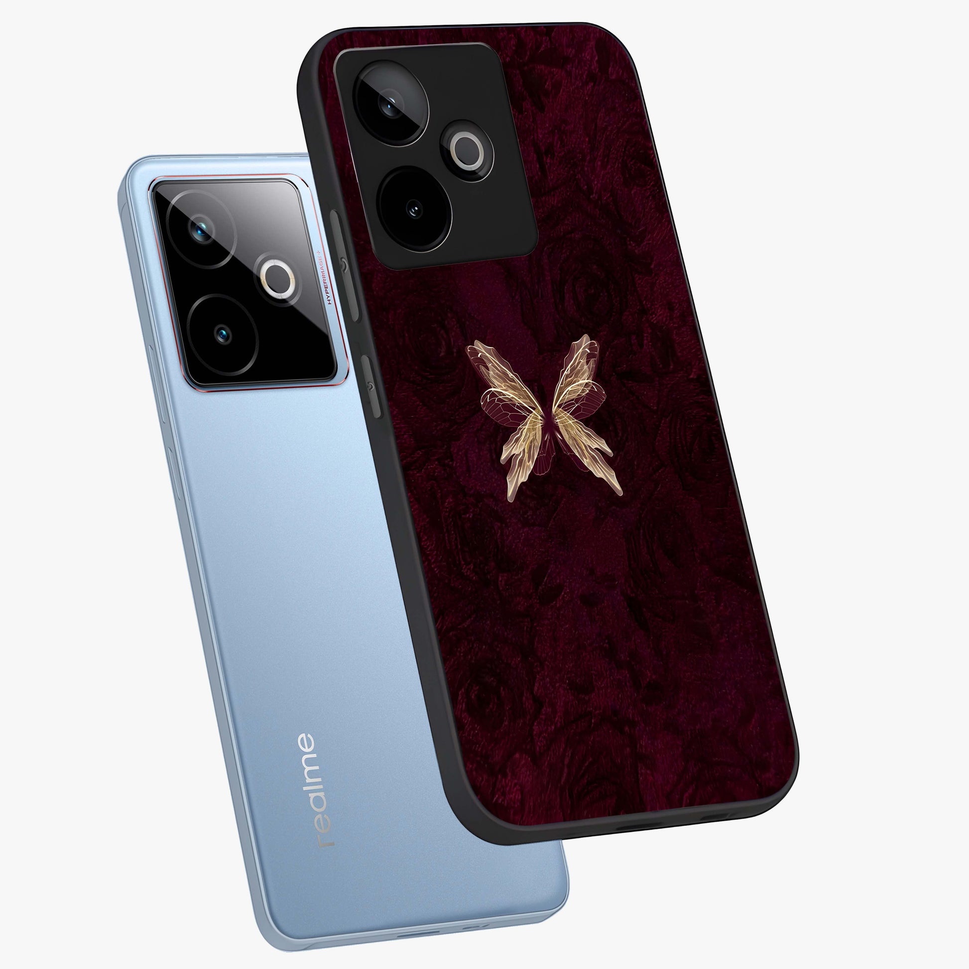 Crimson Fade Butterfly Glass Case displayed in angled mockup highlighting elegant butterfly design with crimson gradient aesthetic.