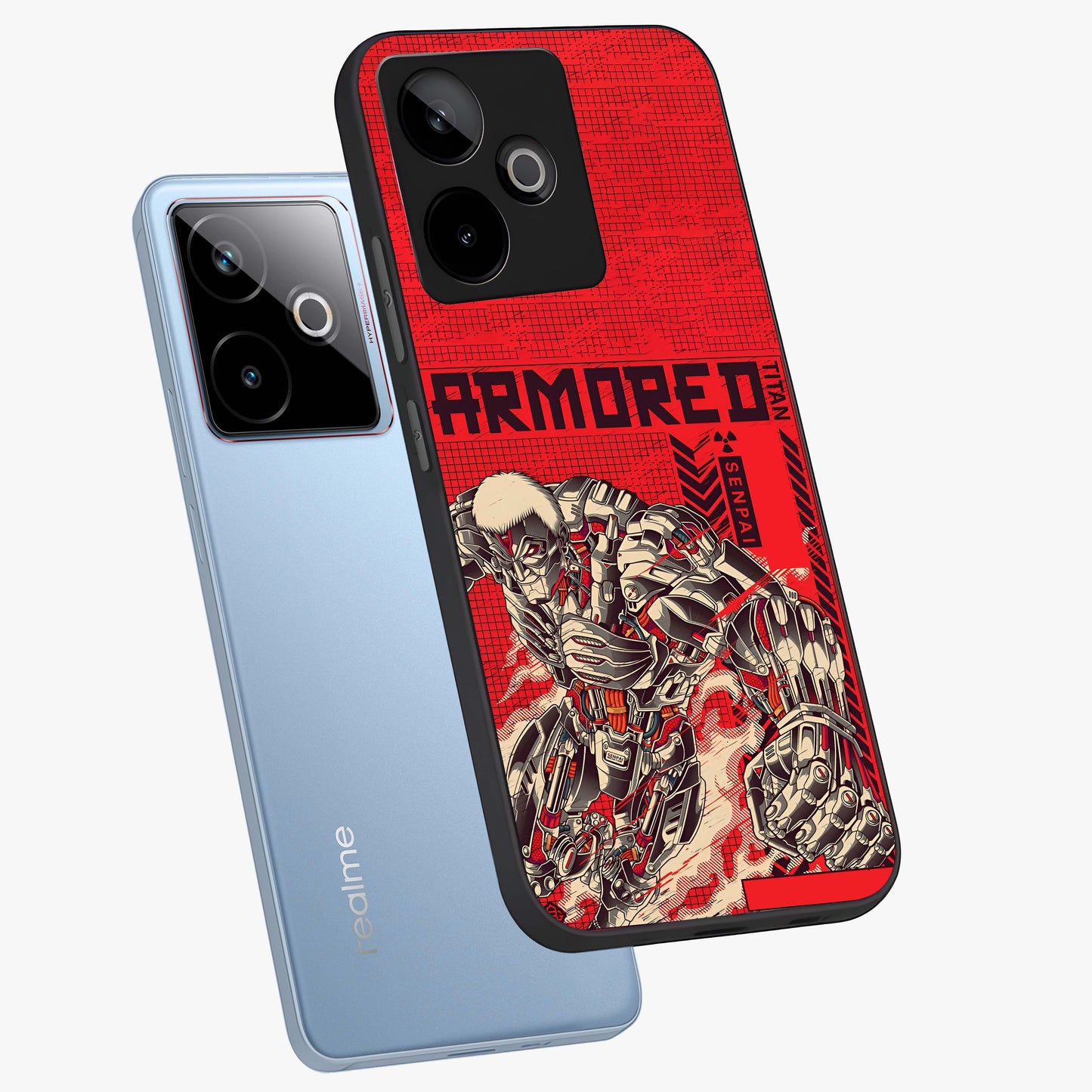 Crimson Mecha Titan Glass Case displayed in angled mockup highlighting futuristic mech illustration with bold crimson aesthetic.