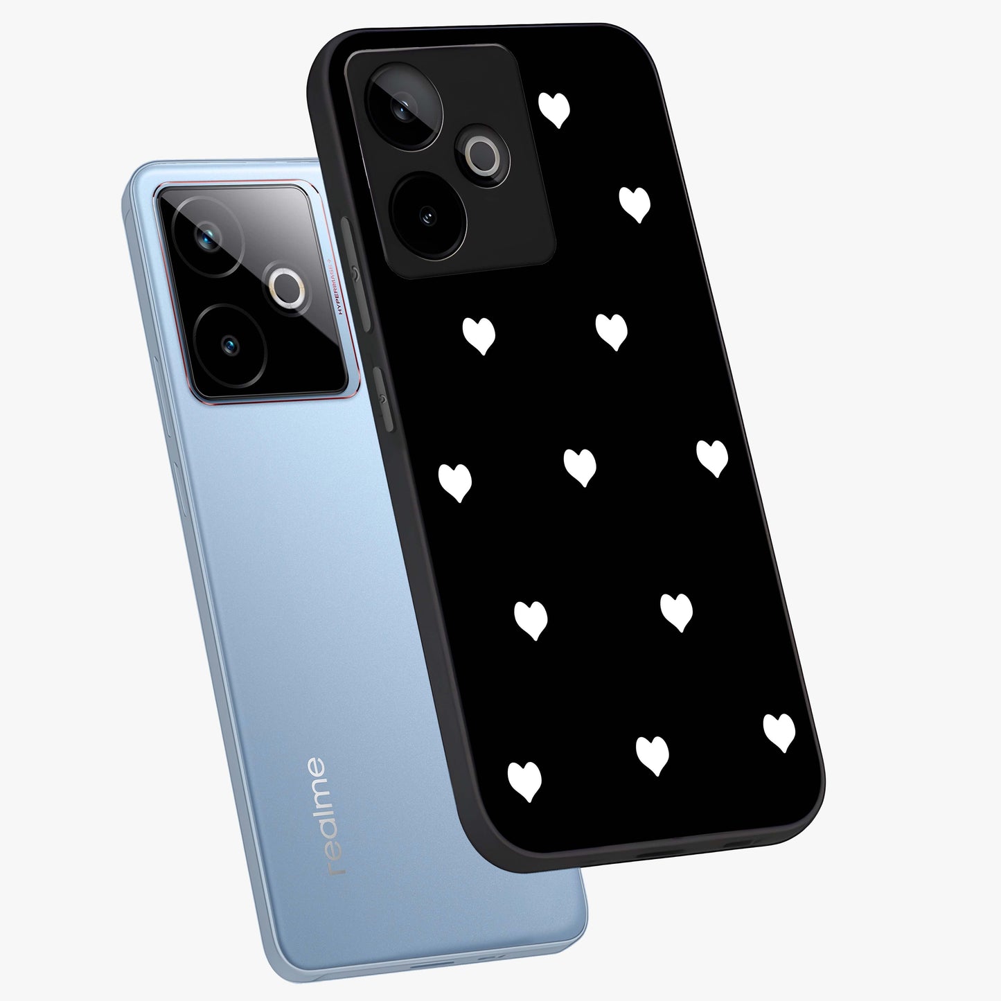 Cute And Simple White Hearts Glass Case displayed in angled mockup highlighting cute heart design with clean aesthetic style.