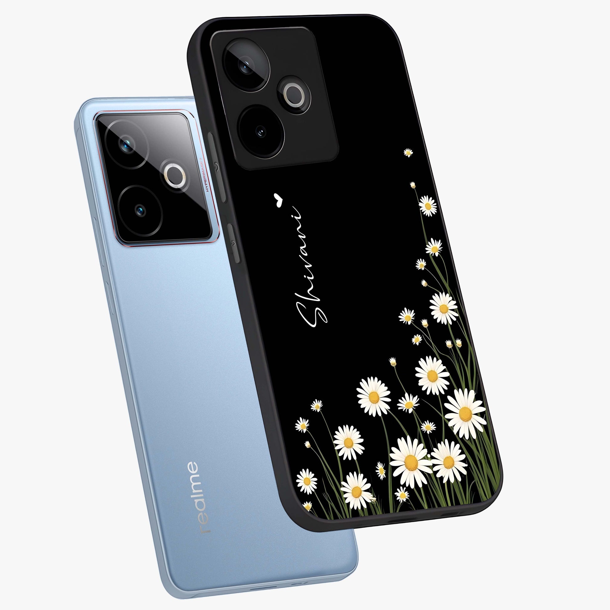 Daisy Cascade Custom Name Glass Case displayed in angled mockup highlighting delicate daisy artwork with custom name feature.