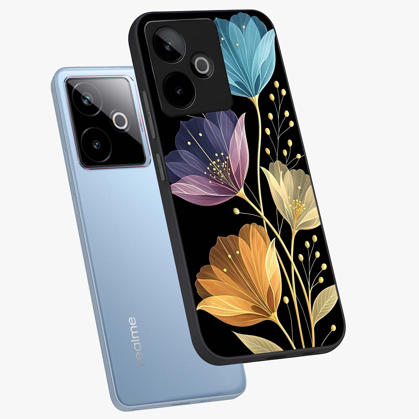 Delicate Multicolor Flowers Glass Case displayed in angled mockup highlighting colorful flower pattern with soft aesthetic style.
