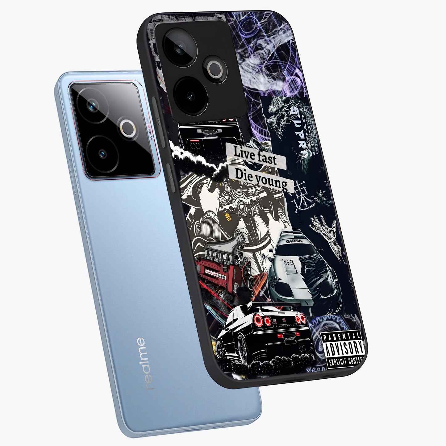 Die Young Glass Case displayed in angled mockup highlighting expressive graphic artwork with edgy aesthetic style.