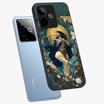 Divine Krishna Art Glass Case displayed in angled mockup highlighting spiritual Krishna illustration with devotional aesthetic.