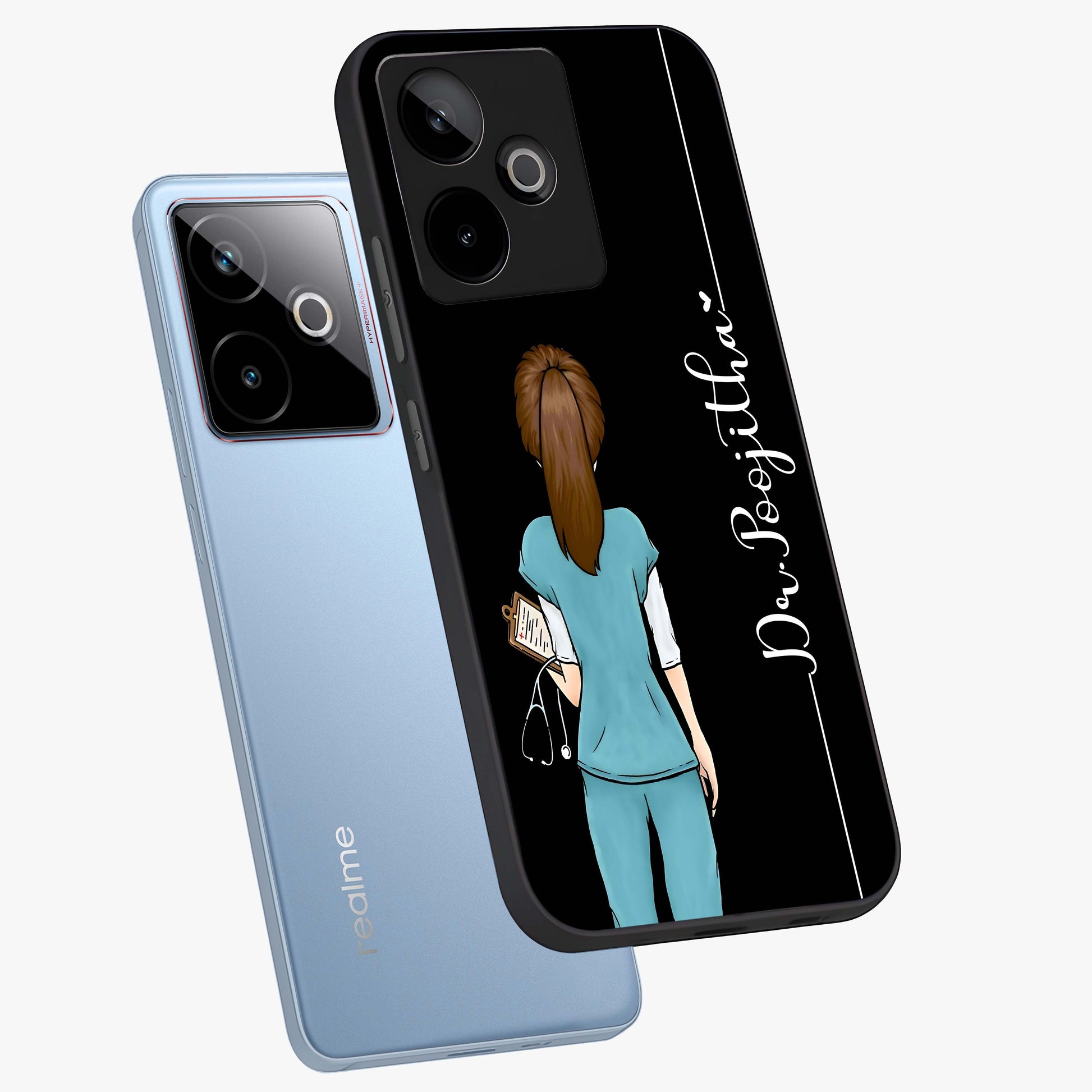 Doctor Pattern Custom Name Glass Case displayed in angled mockup highlighting doctor inspired artwork with custom name feature.
