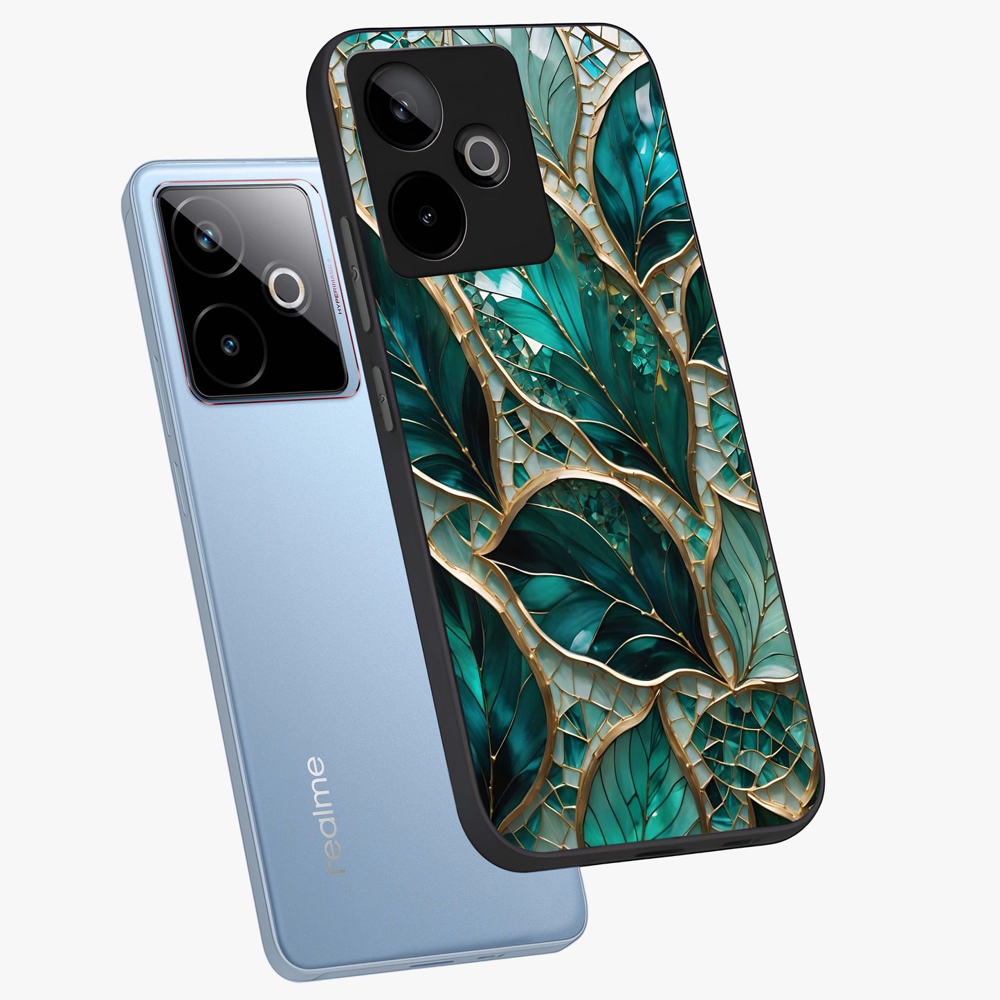 Emerald Leaf Glass Glass Case displayed in angled mockup highlighting botanical leaf illustration with elegant natural aesthetic.