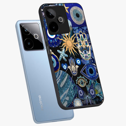 Evil Eye Charm Mix Glass Case displayed in angled mockup highlighting protective evil eye symbols with spiritual aesthetic design.