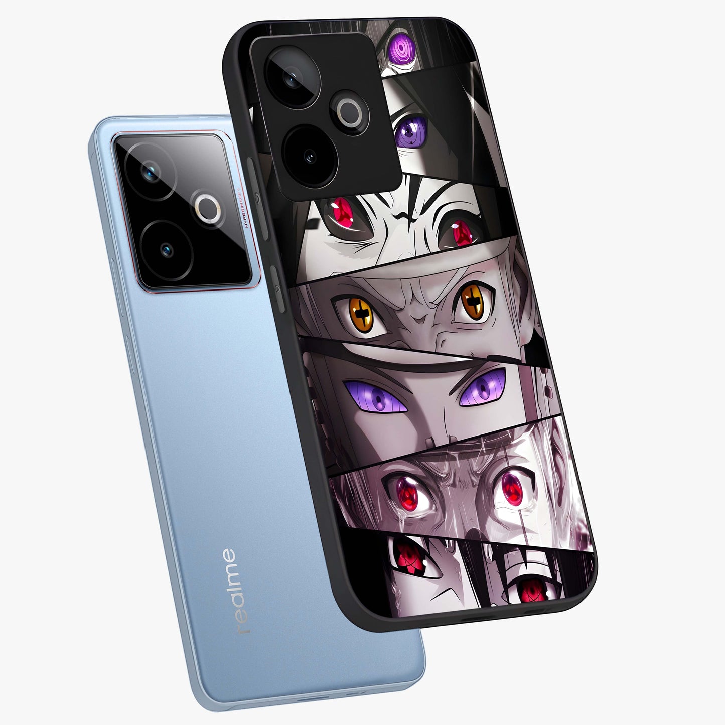 Eyes of Destiny Glass Case displayed in angled mockup highlighting bold eye illustration with mystical aesthetic style.