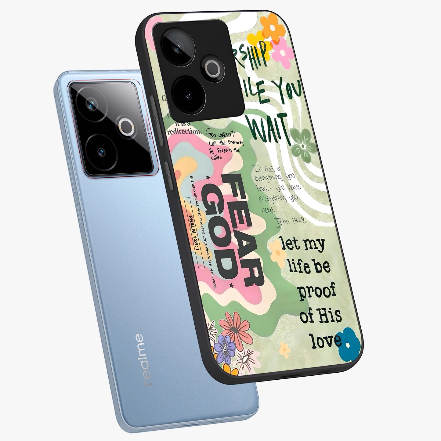Faith Over Fear Glass Case displayed in angled mockup highlighting inspirational message design with modern aesthetic style.