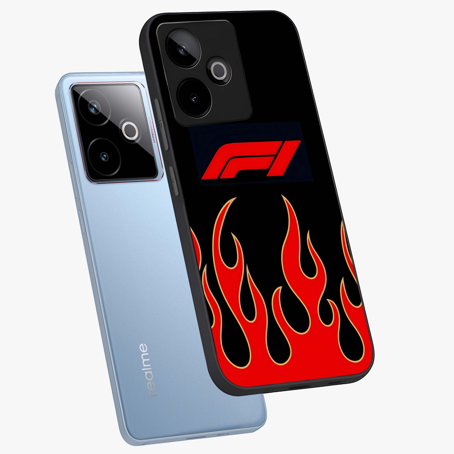 Fire F11 Glass Case displayed in angled mockup highlighting bold fire inspired graphic with energetic aesthetic style.