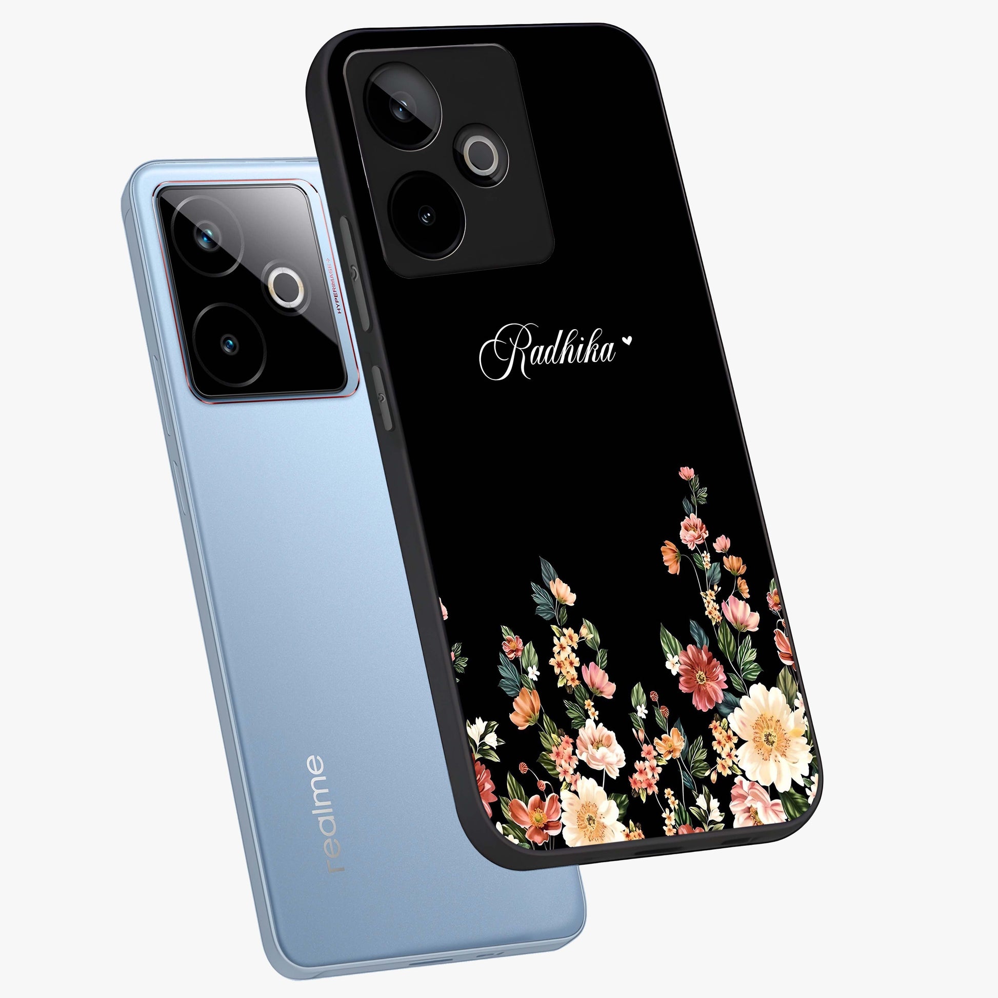 Floral Design With a Custom Personalized Name Glass Case displayed in angled mockup highlighting elegant floral pattern with custom name feature.