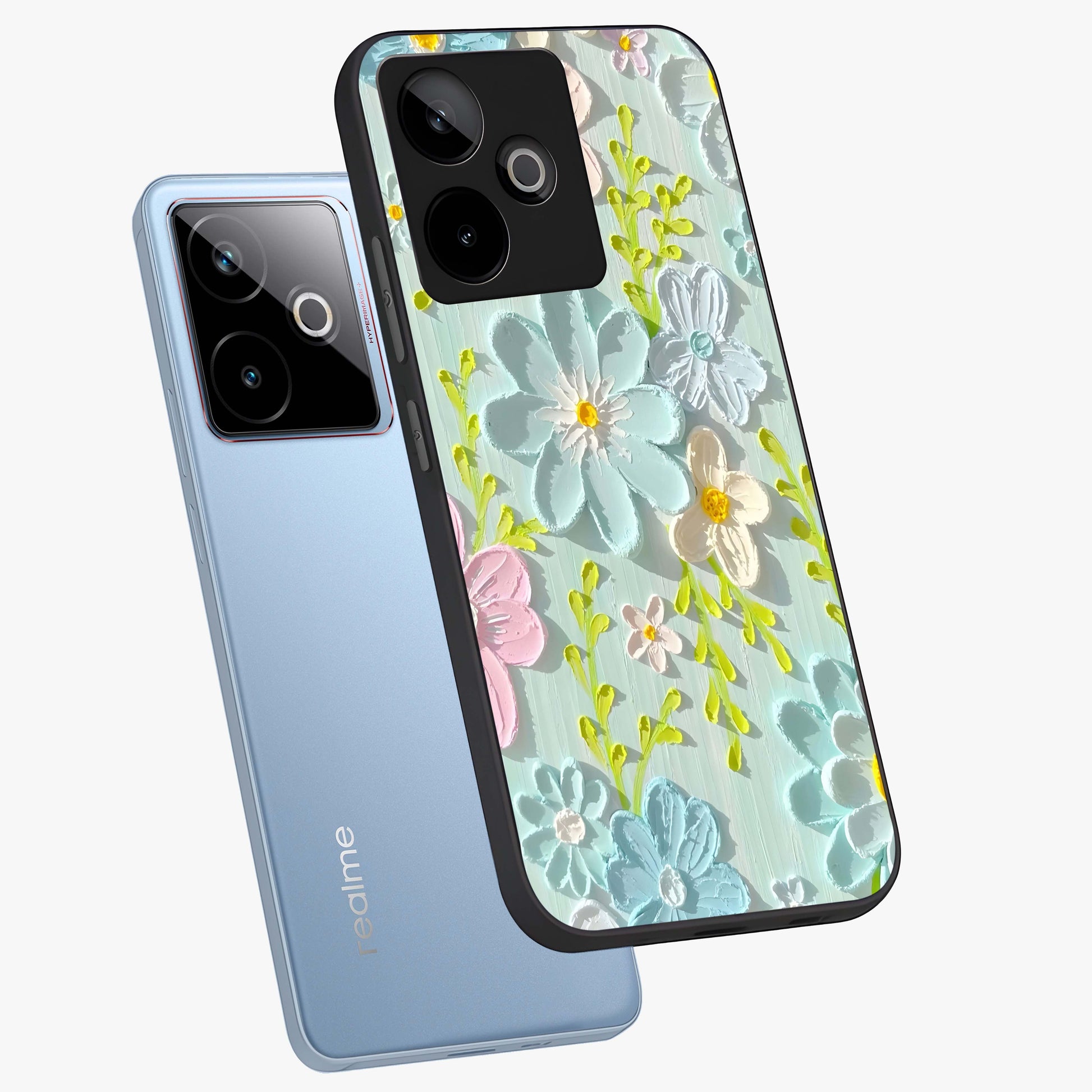 Frosted Petal Garden Glass Case displayed in angled mockup highlighting delicate flower petal design with calm garden aesthetic.