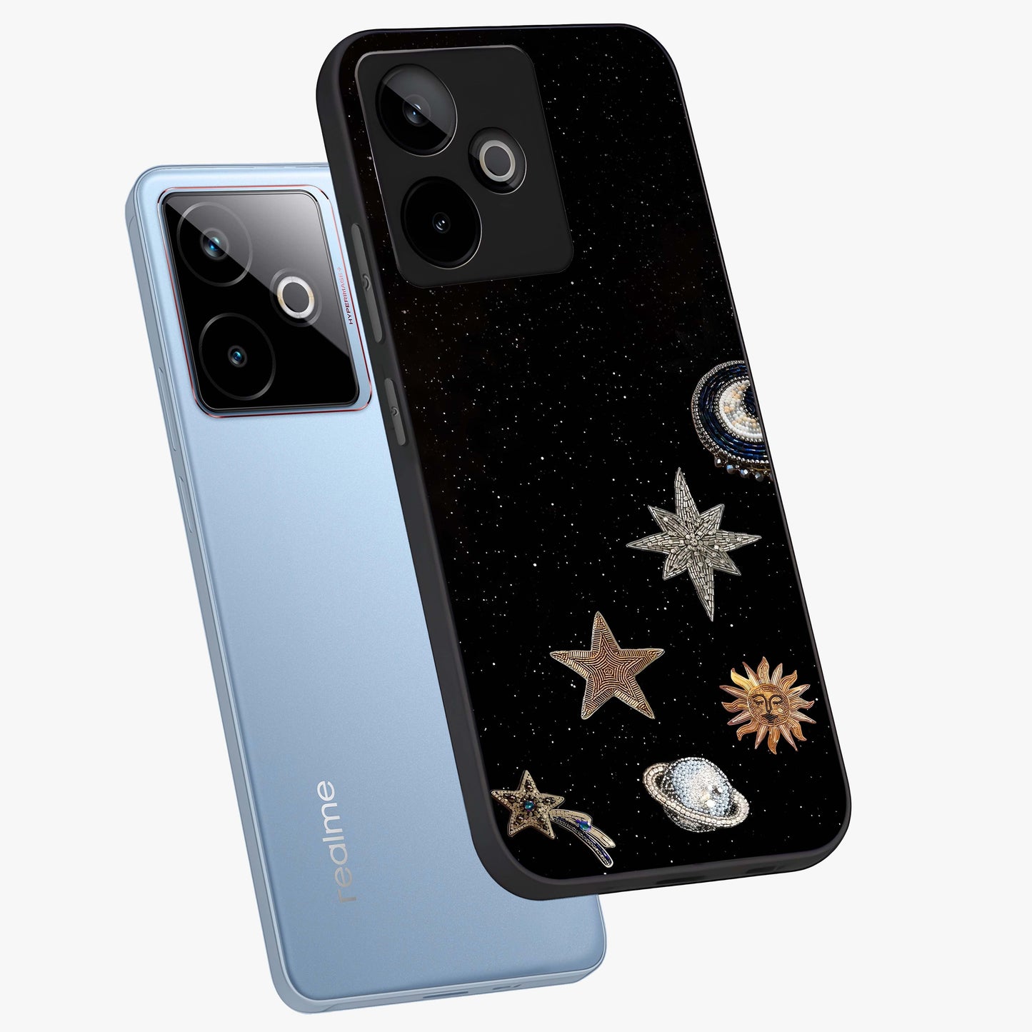 Galactic Charm Glow Glass Case displayed in angled mockup highlighting luminous galaxy inspired design with dreamy aesthetic.
