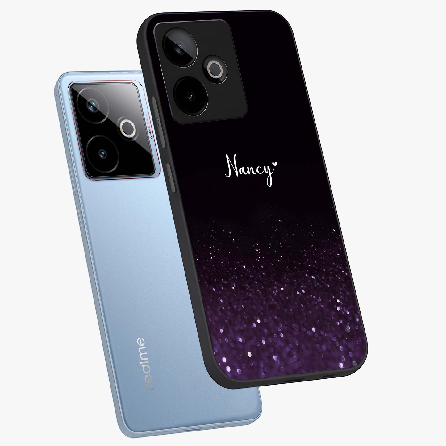 Glittery Purple Bokeh Custom Name Glass Case displayed in angled mockup highlighting glitter bokeh pattern with custom name feature.